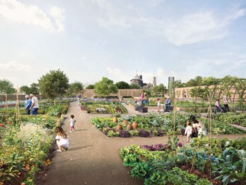 An allotment garden with accessible paths and children picking vegetables.